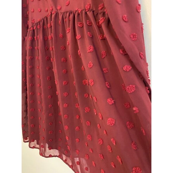 Amaryllis Burgundy Swiss Dot Long-Sleeve V-Neck Chiffon Babydoll Dress XL - Picture 4 of 7